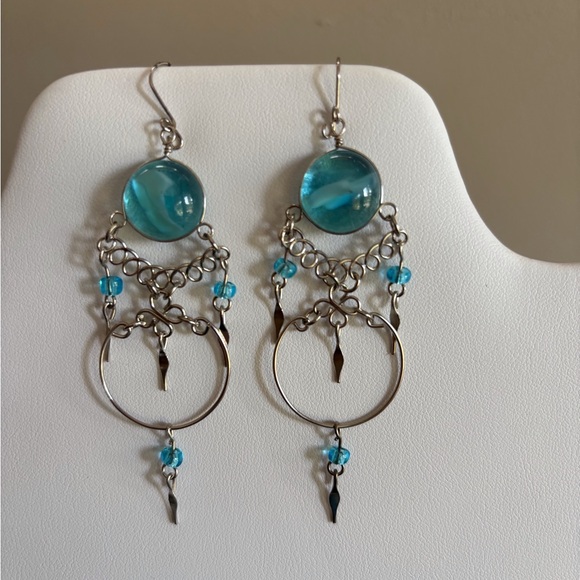 Suncatcher Silver and Blue Dangle Earrings Vintage - Picture 1 of 2